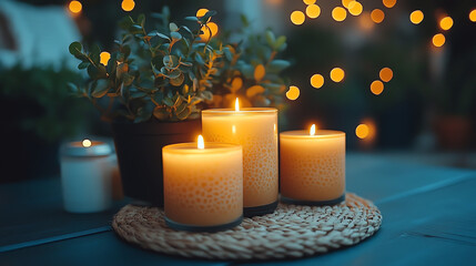 Glowing Candles and Potted Plant Under Bokeh Lights in Serene Setting