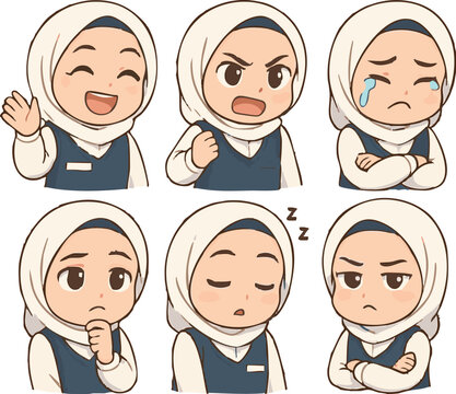  Sets of 6 hijabi student in blue uniform. cute chibby sticker