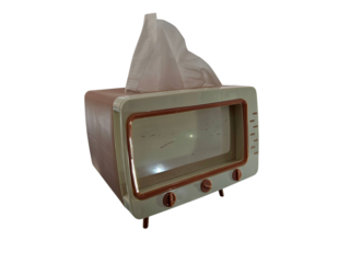 Close-up of miniature vintage television model with old-fashioned antenna, ideal for nostalgic or retro-themed visuals. Isolated on white background, transparent PNG