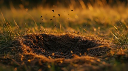 Dust and Soil Ejecting from Ground in Golden Light at Sunset