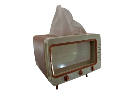 Close-up of miniature vintage television model with old-fashioned antenna, ideal for nostalgic or retro-themed visuals. Isolated on white background, transparent PNG