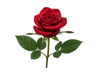 A single perfect red rose with green leaves isolated on transparent background