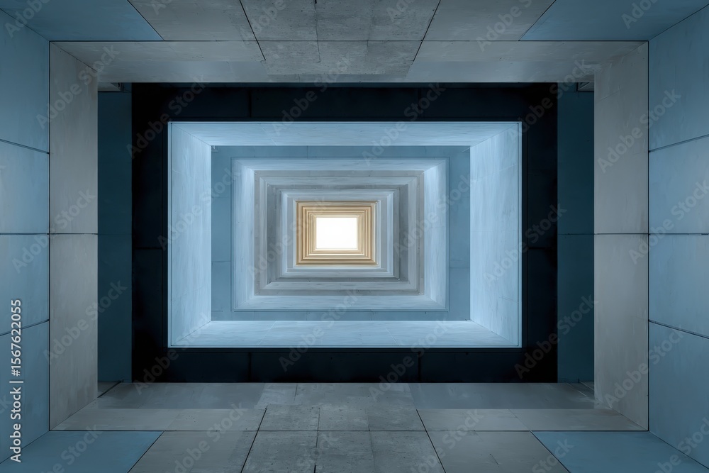 Poster Modern architectural concrete staircase with geometric design featu illuminated rectangular openings creating a sense of depth and perspective