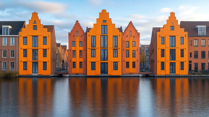 Picturesque Cityscape with Vibrant Orange Buildings Reflected in Calm Water