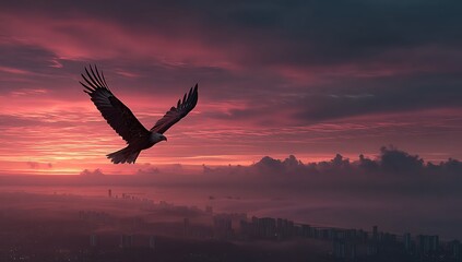 Obraz premium Majestic Eagle Silhouette Soaring Above Cityscape At Sunset Crimson Sky Dramatic Flight