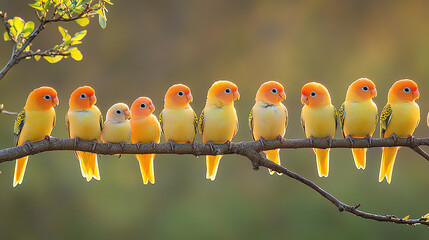 Charming Peach-Faced Lovebirds Perched on Branch in Sunlight