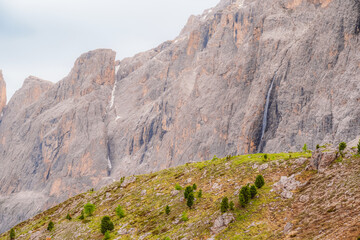 Sella alpine pass and high mountains, Dolomites, Italy, Europe