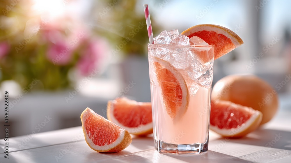 Aufkleber Refreshing pink grapefruit juice with ice and sliced grapefruit on a bright outdoor table in natural sunlight