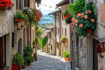 Fototapeta premium White house with blue shutters and pink flowers
