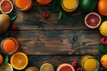High Detail Visual of Various Fruit Juices and Their Ingredients on a Wooden Table Background
