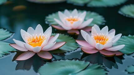 Delicate water lilies on tranquil pond
