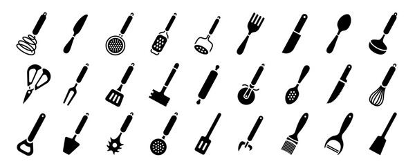 Kitchenware icon set. Black vector kitchen utensils, tools and cutlery. Whisk, slotted spoon, scissors, ladle and spatula. Sieve, knife, spoon, fork, peeler and opener pictogram