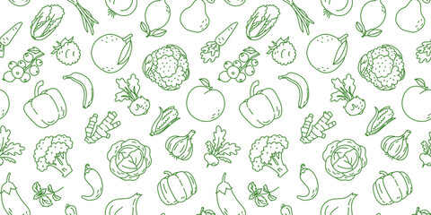 Seamless vector pattern. Vegetables and fruits: cabbage, carrot, currant, raspberry, orange, banana, pepper, bell pepper, cabbage, broccoli, ginger, garlic, corn, peach and pumpkin. 