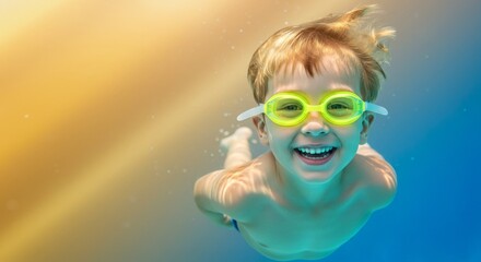 Child swimming with goggles and smiling underwater
