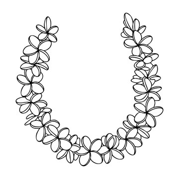 Plumeria flower lei outline design with a horseshoe shape. Vector hand-drawn doodle illustration