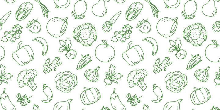 Seamless vector pattern. Vegetables and fruits: cabbage, carrot, currant, raspberry, orange, banana, pepper, bell pepper, cabbage, broccoli, ginger, garlic, corn, peach and pumpkin. 