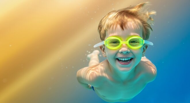 Child swimming with goggles and smiling underwater