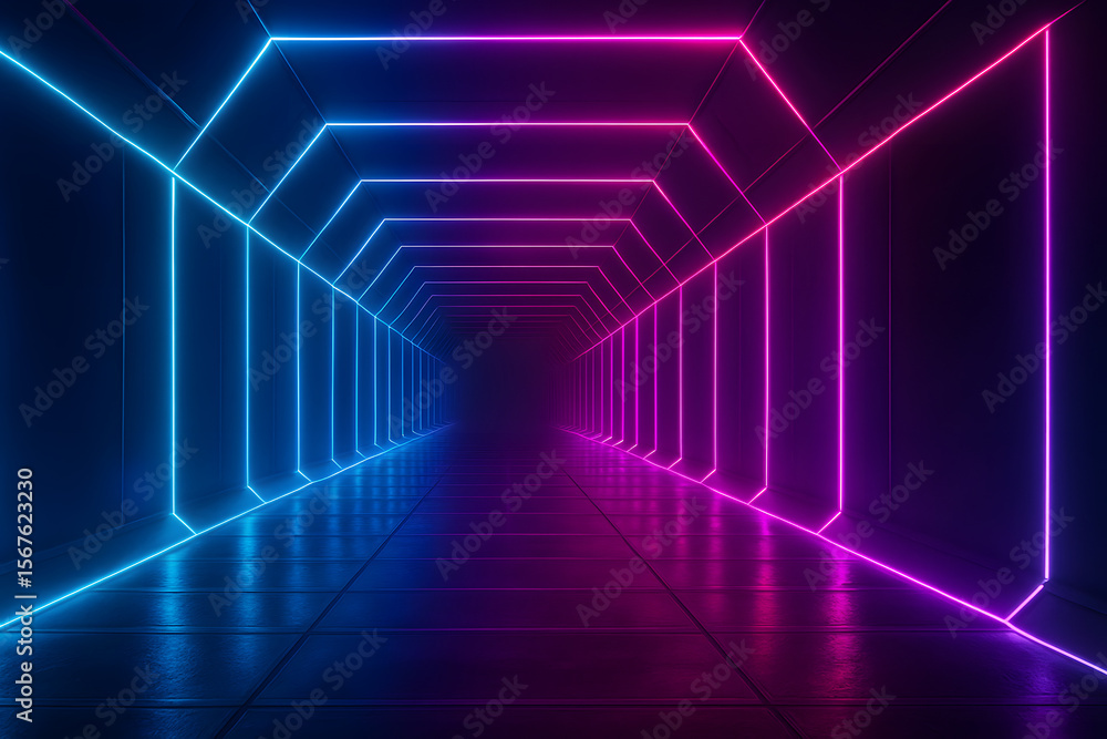 Poster symmetrical futuristic tunnel corridor illuminated with neon pink and blue lines, perfect for sci-fi