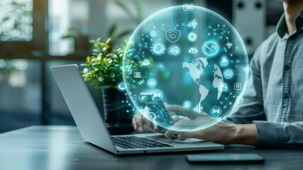 Man using laptop and smartphone with global network concept overlaid with icons. Modern office environment with blurred background. Business technology and data visualization. - Powered by Adobe