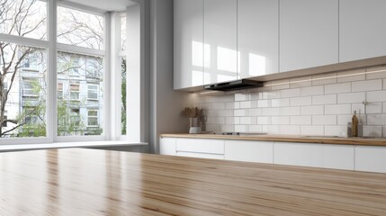 Modern kitchen interior white cabinets wood countertop and large window