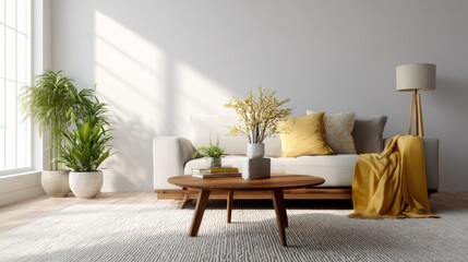 Modern living room interior white sofa wooden coffee table yellow throw potted plants
