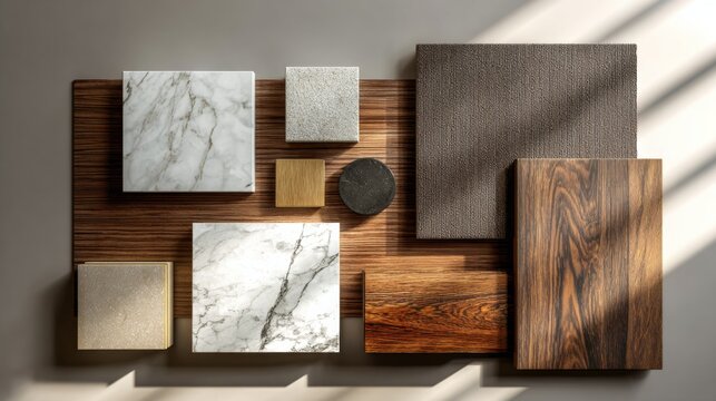 Flat lay of various wood marble and stone samples Natural material textures showcased