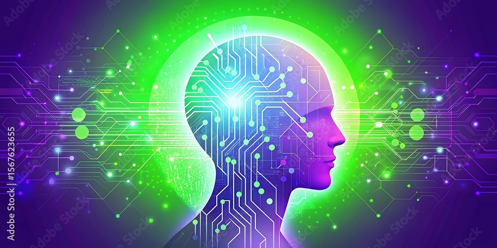 Poster a profile view of a head with a circuit board pattern inside, glowing with vibrant colors.