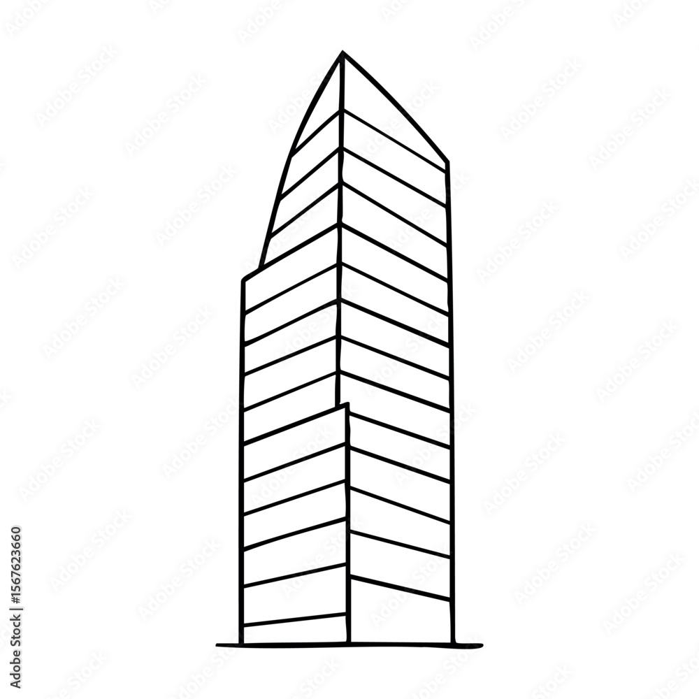 Poster tall modern skyscraper with angular architecture and sleek design. vector hand-drawn doodle illustra