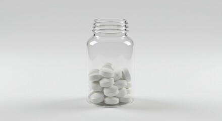Clear bottle filled with several small, white, round tablets against a white background