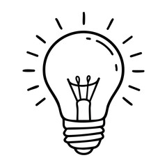 Hand-drawn light bulb with radiating lines. Vector hand-drawn doodle illustration