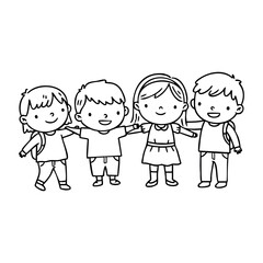 Fototapeta premium Group of happy children holding hands in line art style. Vector hand-drawn doodle illustration