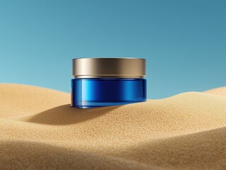 A blue container of makeup is sitting on a sandy beach