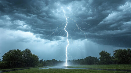 Intense Lightning Strike Over Stormy Sky and Grassy Field