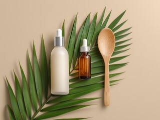 A bottle of lotion and a wooden spoon are on a leaf