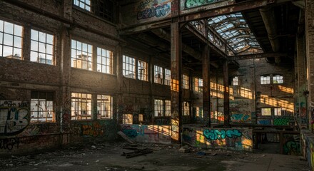 Fototapeta premium Sunlit ruins of a large brick industrial building, graffiti-covered walls, broken windows, and debris on the floor
