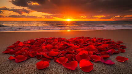Vibrant Rose Petals Scattered on Sandy Beach at Radiant Sunset Ocean