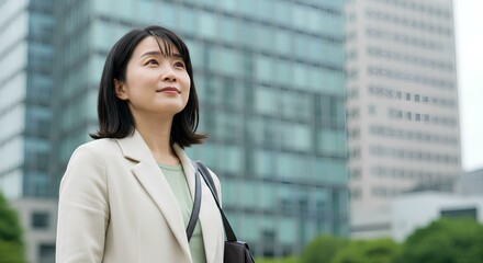 This image shows a Japanese woman, likely a businesswoman, looking upwards with a serene expression against an urban backdrop of buildings.