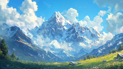 Scenic Snow-Capped Mountain Range Over Green Meadow Under Blue Sky