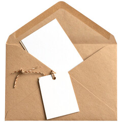 Open kraft paper envelope with a blank white note card and gift tag mockup. Eco-friendly stationery flat lay with twine, isolated on a transparent background for branding or invitations.