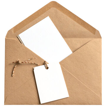 Open kraft paper envelope with a blank white note card and gift tag mockup. Eco-friendly stationery flat lay with twine, isolated on a transparent background for branding or invitations.