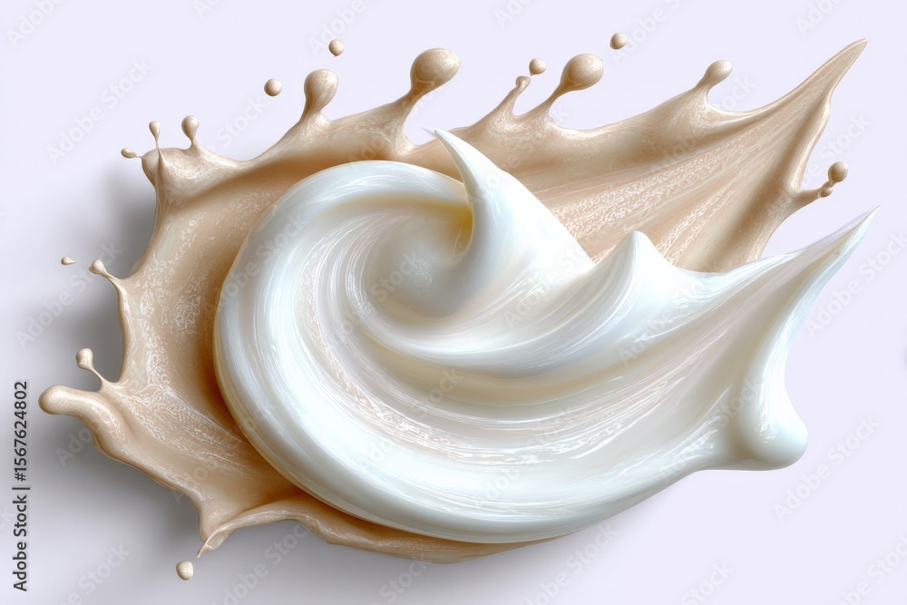 Poster abstract splash of creamy beige and white liquid with dynamic motion and high detail on a white back