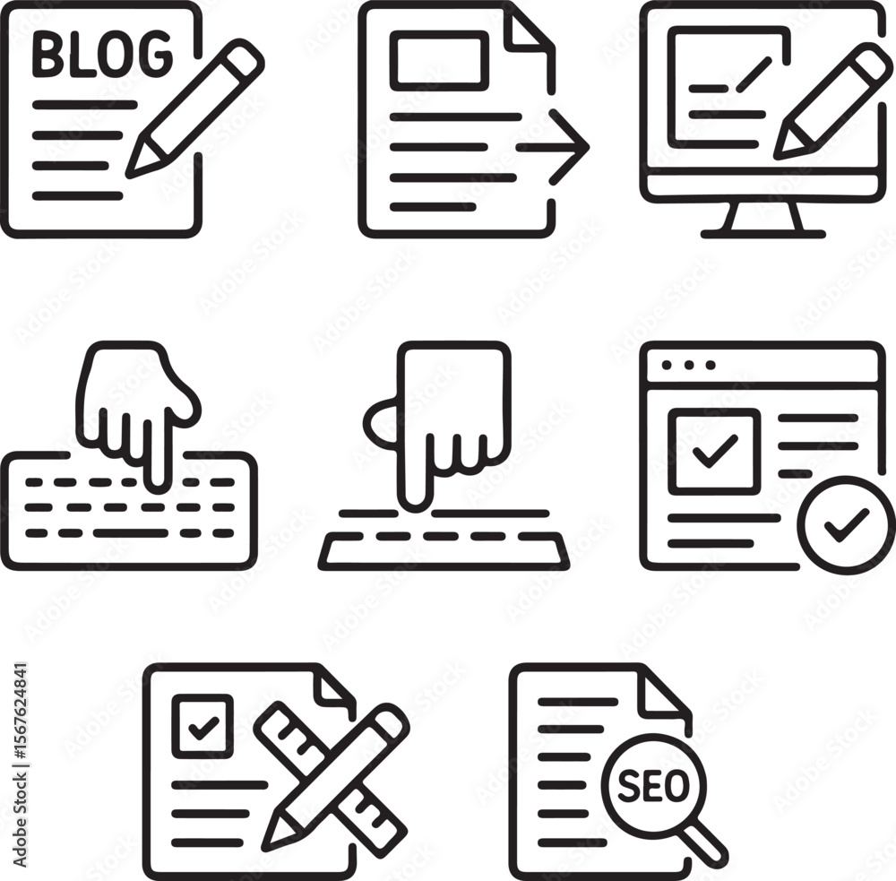 Fototapete collection of outline icons representing blogging writing editing computer work and seo optimization