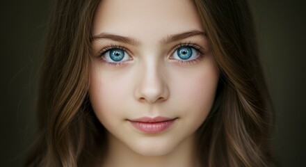Fototapeta premium Close-up portrait of a young girl with striking blue eyes and long brown hair. Her expression is serene and direct