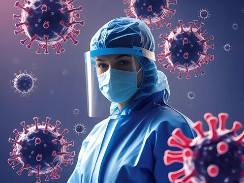 Female healthcare worker in full protective gear surrounded by virus particles - Powered by Adobe