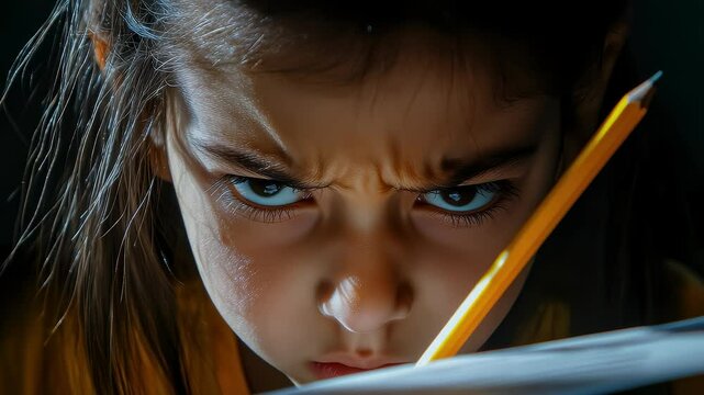 Child Shows Deep Concentration and Determination While Learning