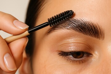 close-up of female hand brushing eyebrow upward with spoolie brush during lamination process, macro shot