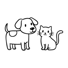 Cute cartoon drawing of a dog and cat together. Vector hand-drawn doodle illustration
