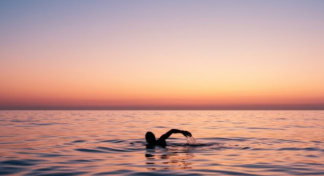 Silhouette of a swimmer while swimming in the sea at sunrise - Powered by Adobe