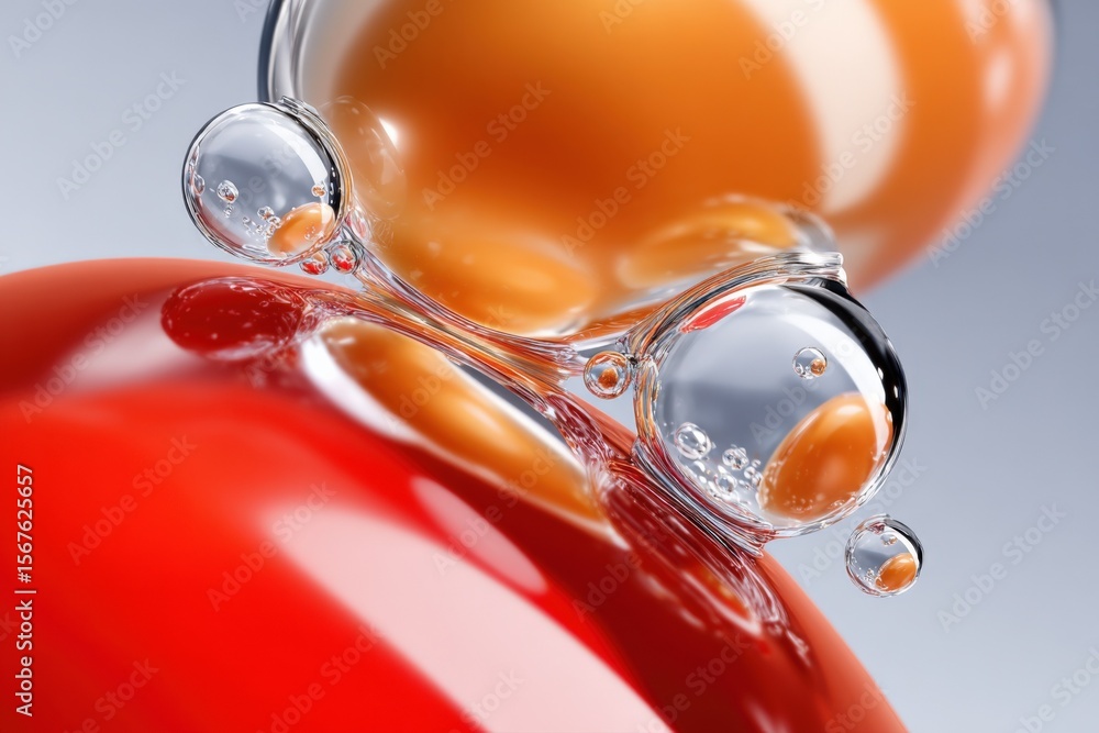 Poster Close-up of colorful bubbles floating and popping on a vibrant abstract background with glossy surface reflections and dynamic movement