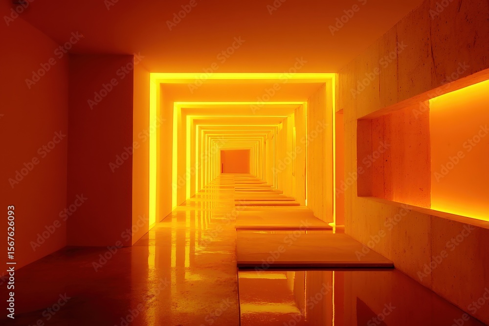 Poster modern corridor illuminated with vibrant yellow neon lights creating geometric tunnel effect in cont